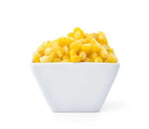 Bowl with frozen corn on white background. Vegetable preservation