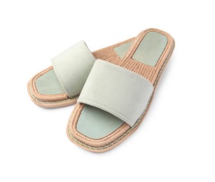 Photo of Stylish light grey slippers isolated on white