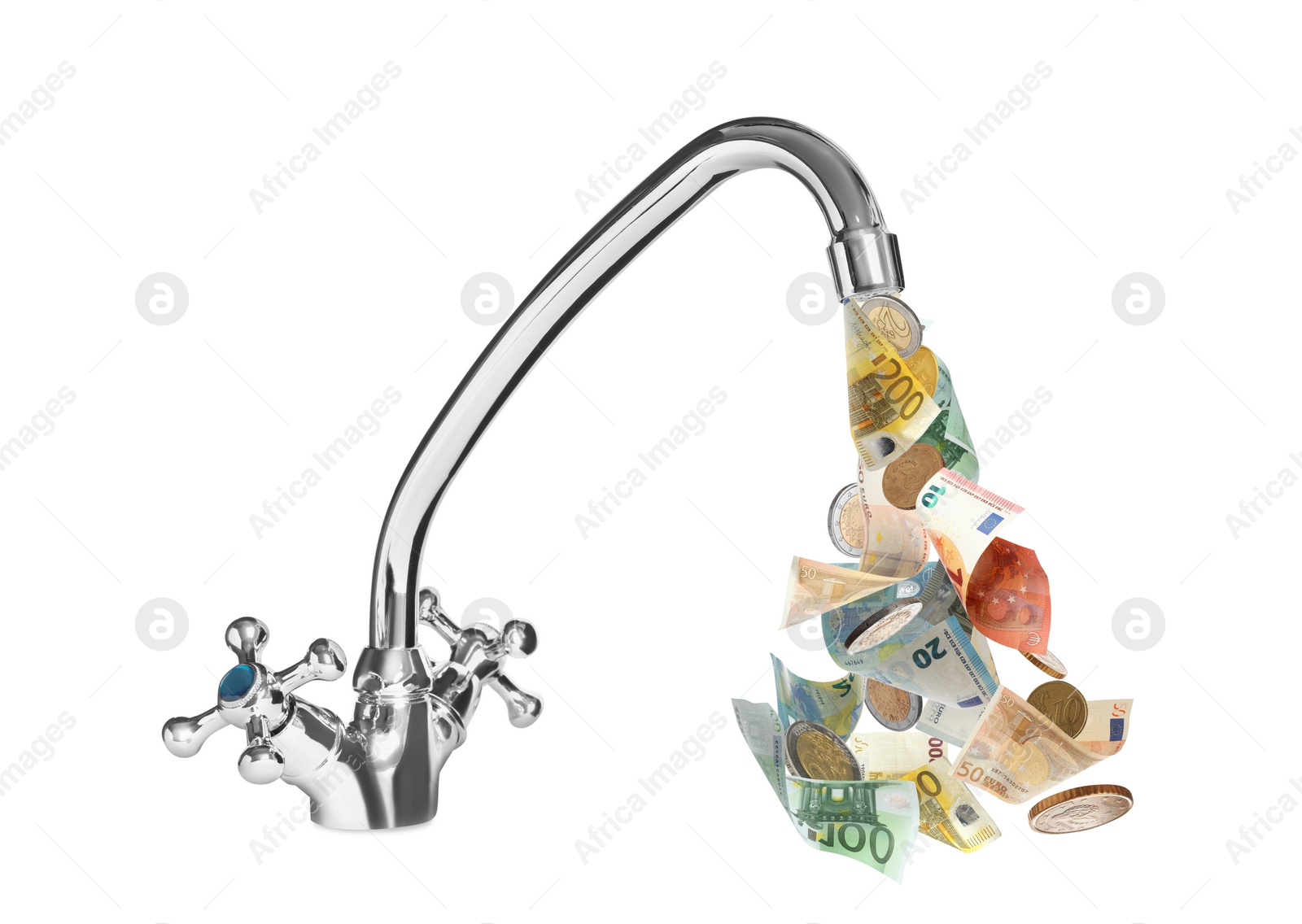 Image of Faucet and euro banknotes with coins on white background