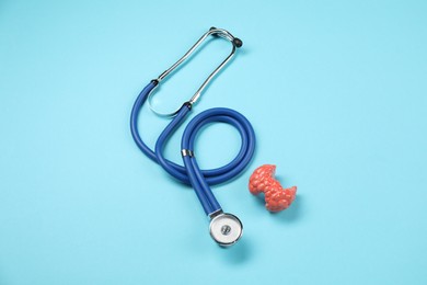 Endocrinology. Stethoscope and model of thyroid gland on light blue background, top view