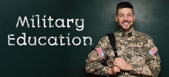 Image of Military education. Cadet with backpack near green chalkboard