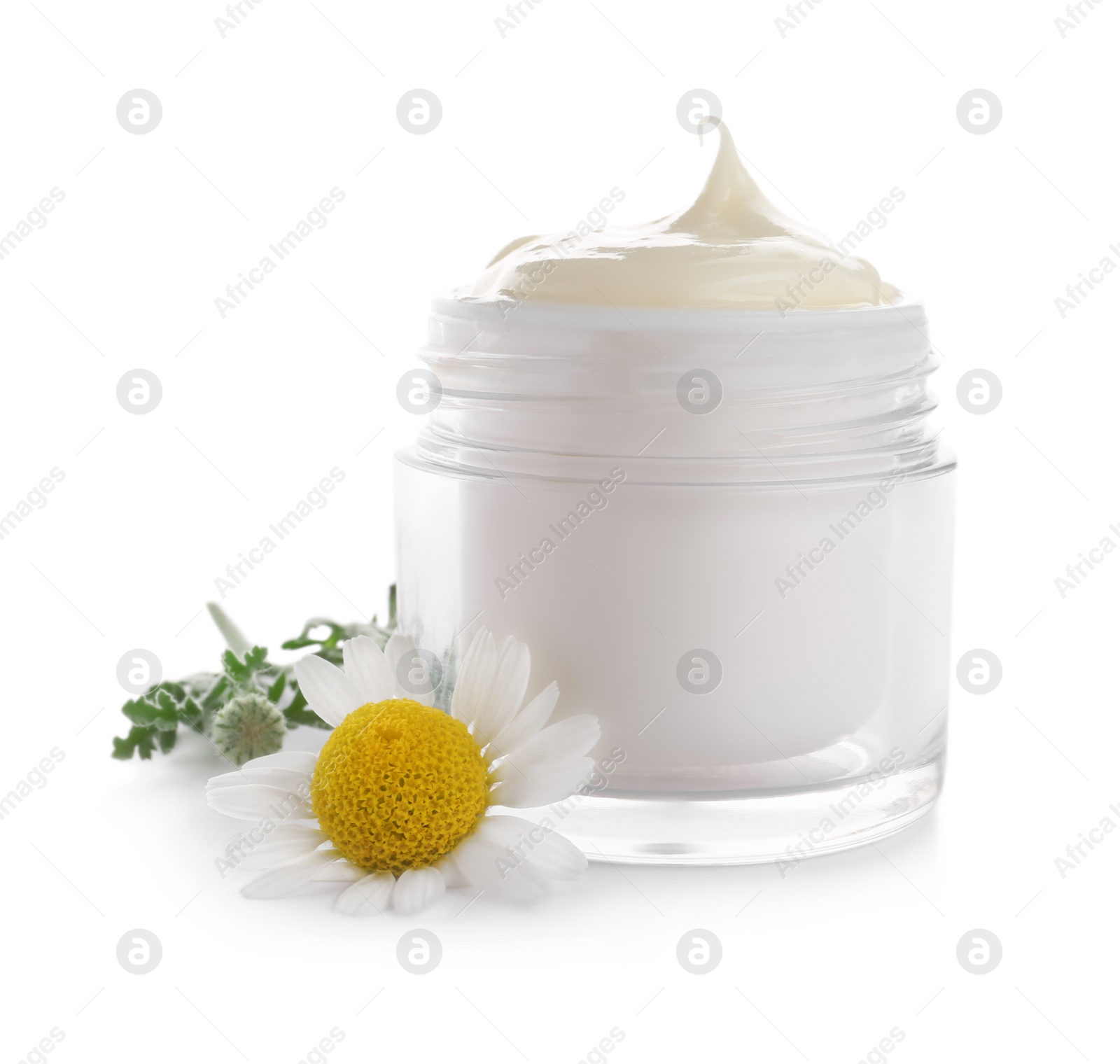 Photo of Chamomile flower and jar of cream on white background