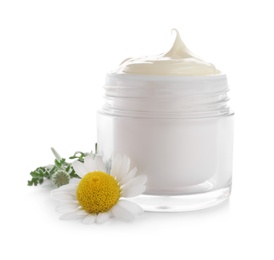 Photo of Chamomile flower and jar of cream on white background