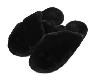 Photo of Pair of black fluffy slippers isolated on white