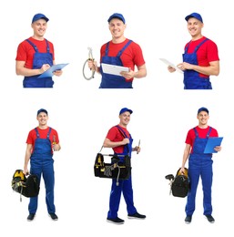 Image of Collage with photos of plumber on white background