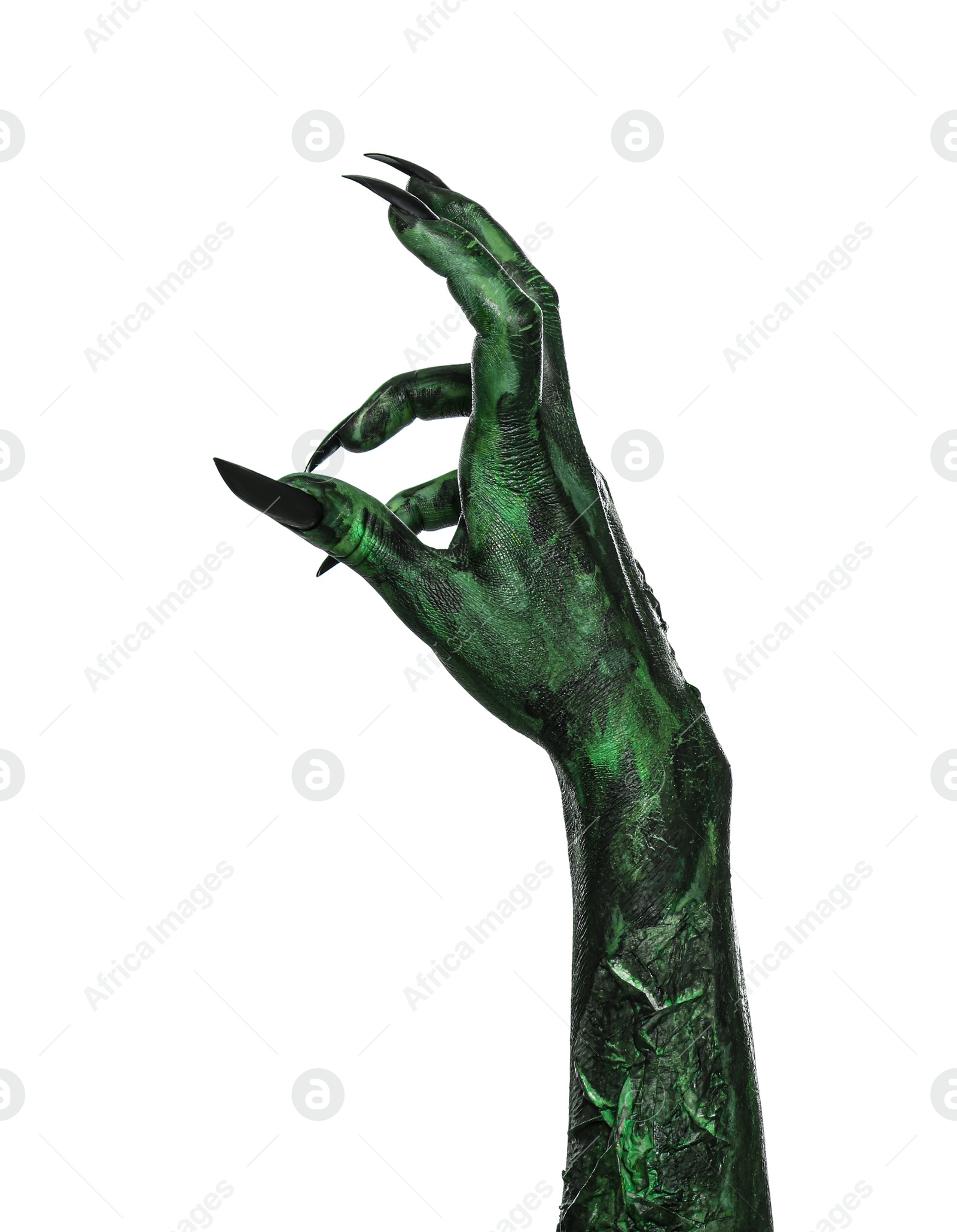 Photo of Scary monster on white background, closeup of hand. Halloween character