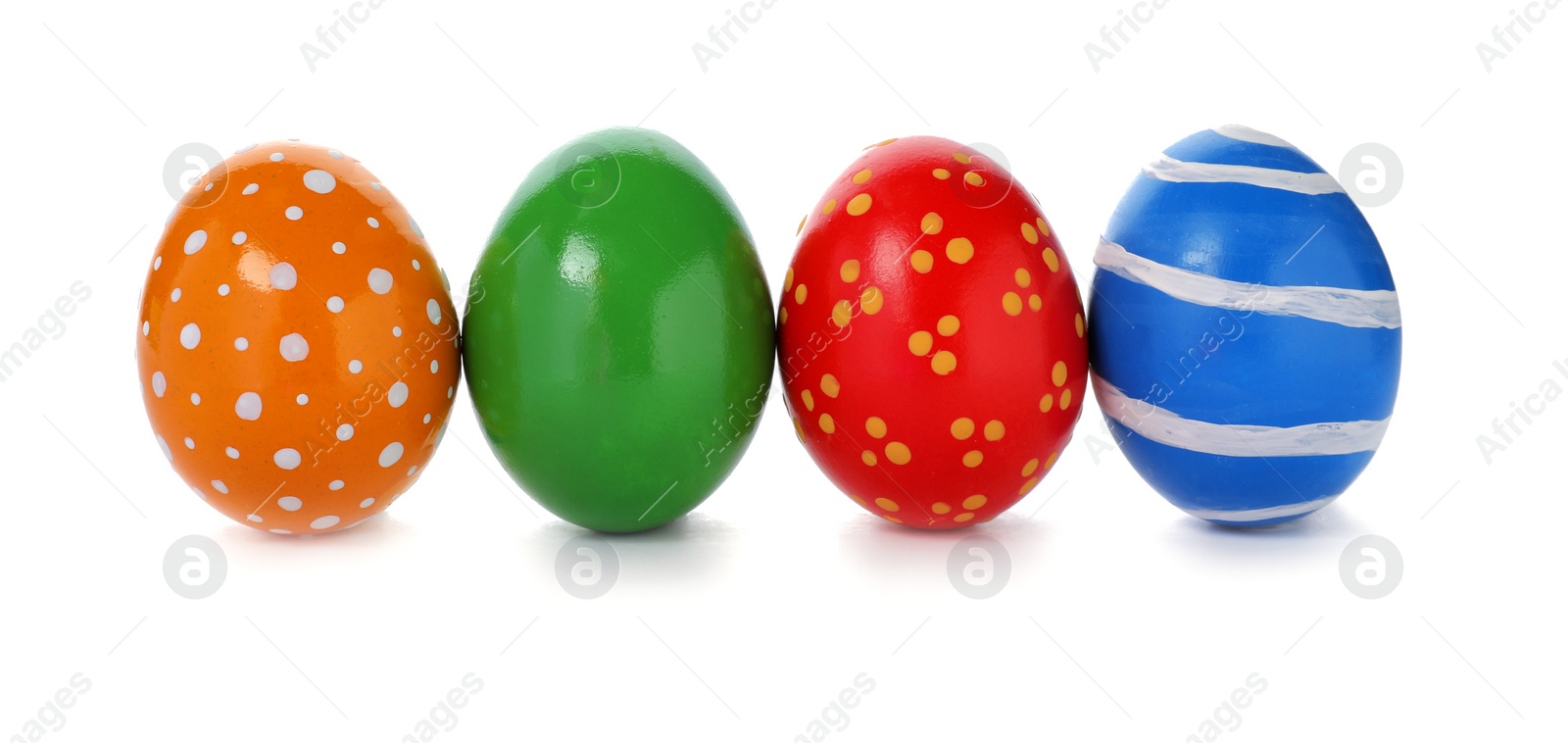 Photo of Decorated Easter eggs on white background. Festive tradition