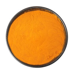 Aromatic saffron powder in bowl on white background, top view