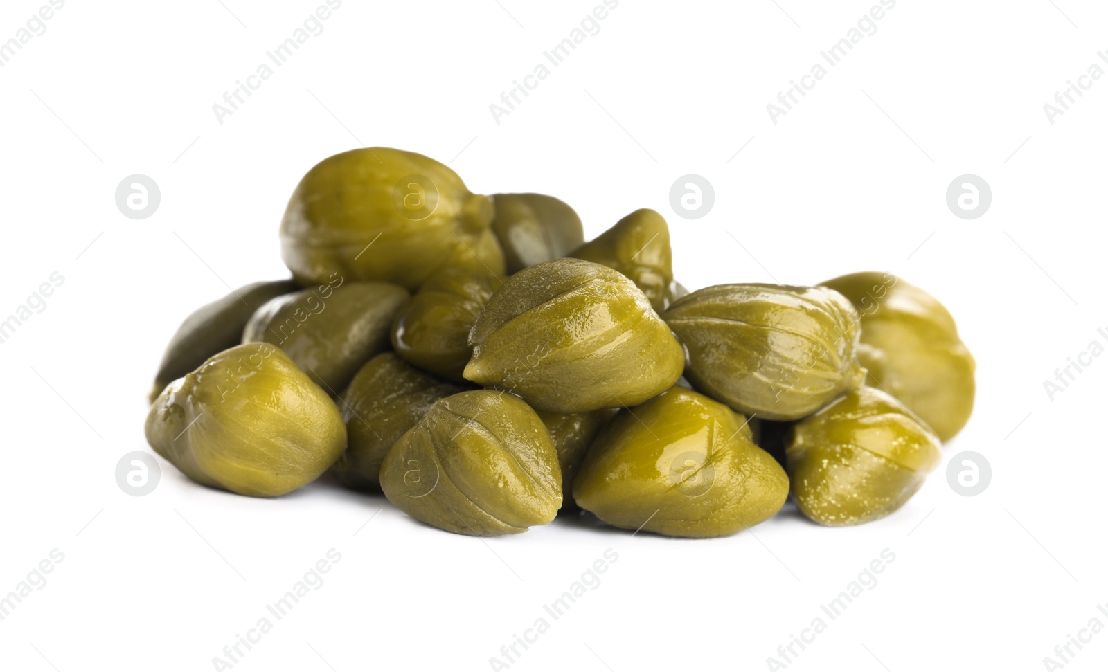 Photo of Pile of delicious pickled capers on white background