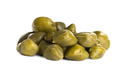 Photo of Pile of delicious pickled capers on white background