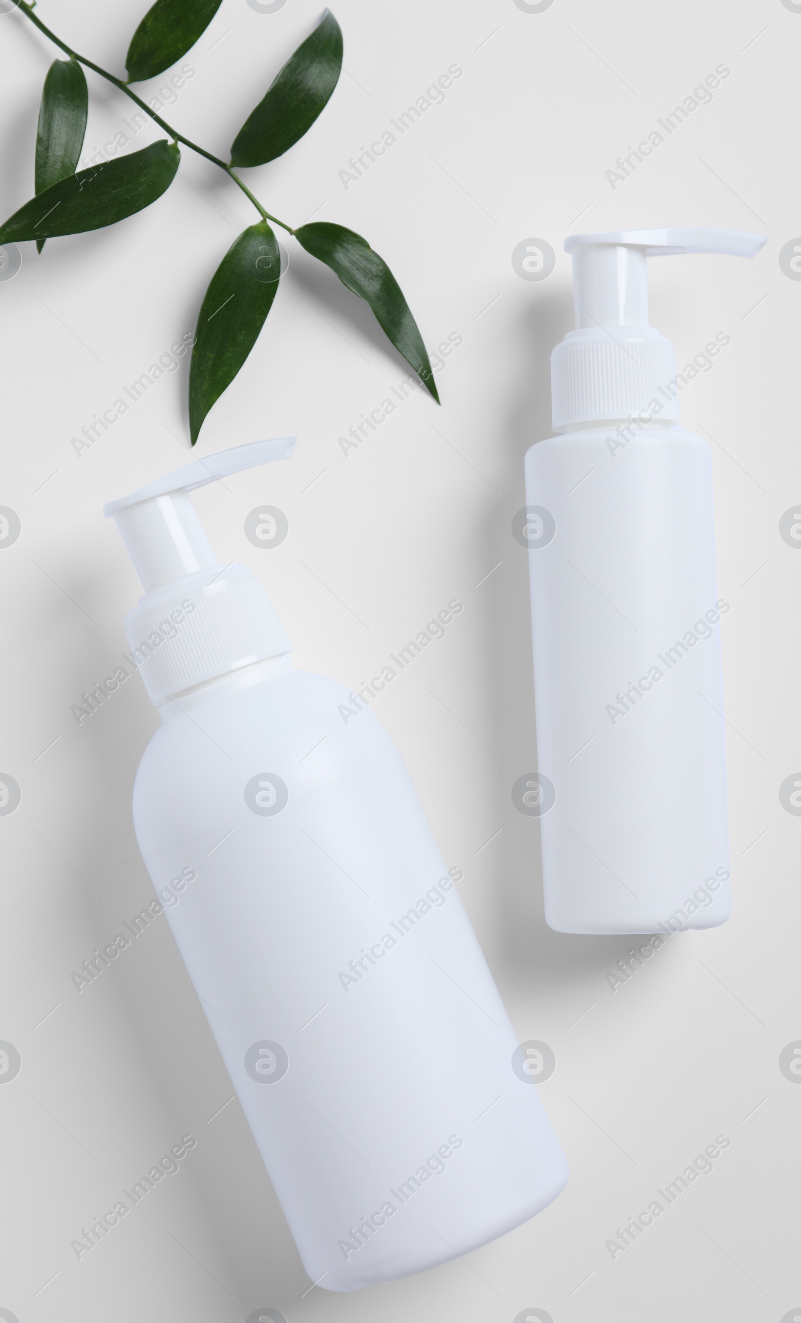 Photo of Bottles with different cosmetic products and green leaves on white background, flat lay