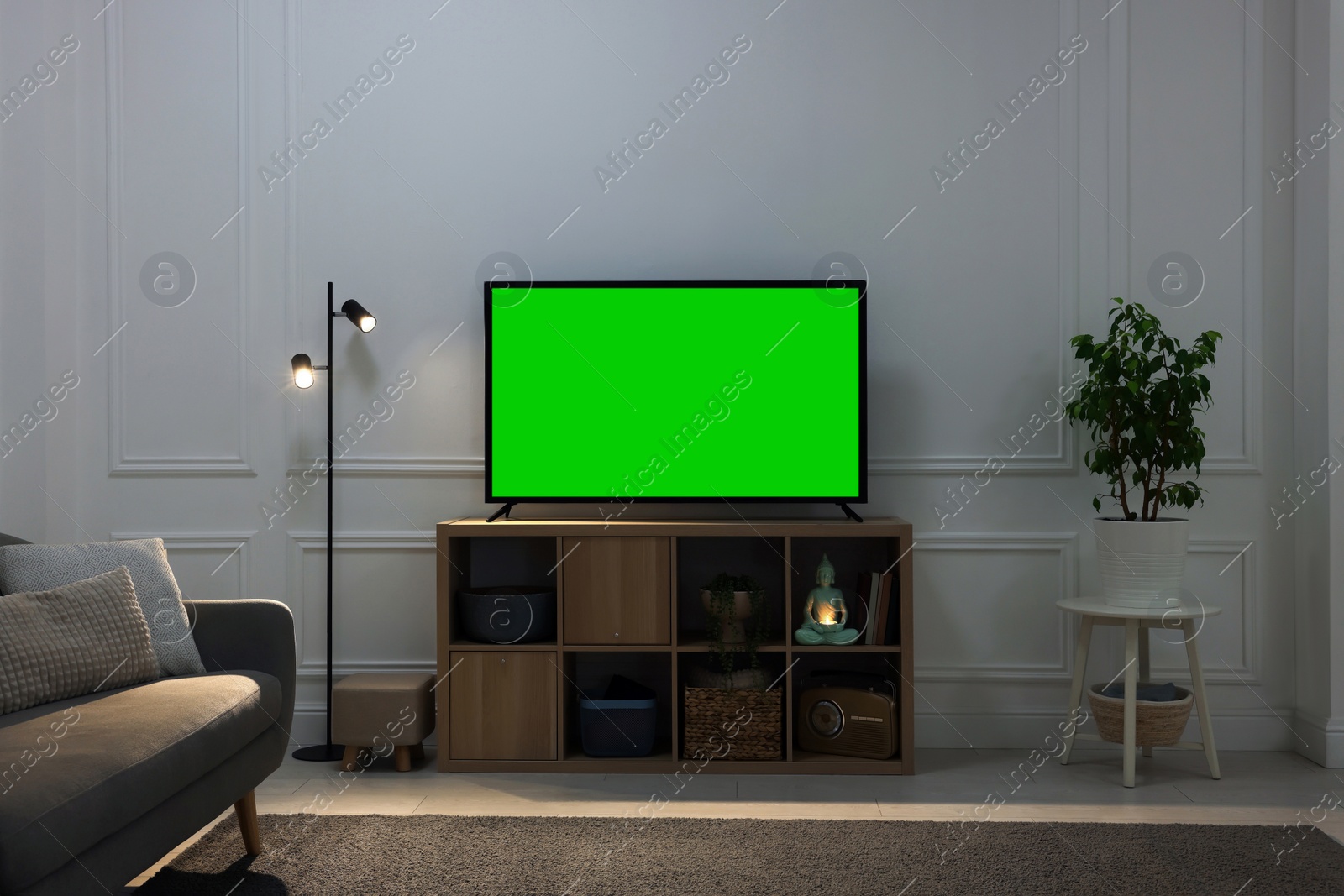 Image of Modern TV on cabinet, floor lamp and beautiful houseplants near light wall indoors. Interior design