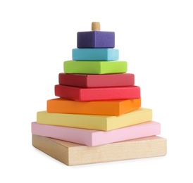 Photo of Colorful wooden toy pyramid isolated on white