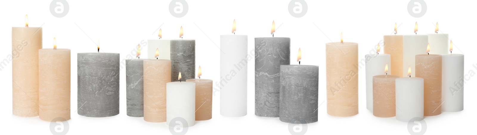 Image of Set of burning color candles on white background. Banner design