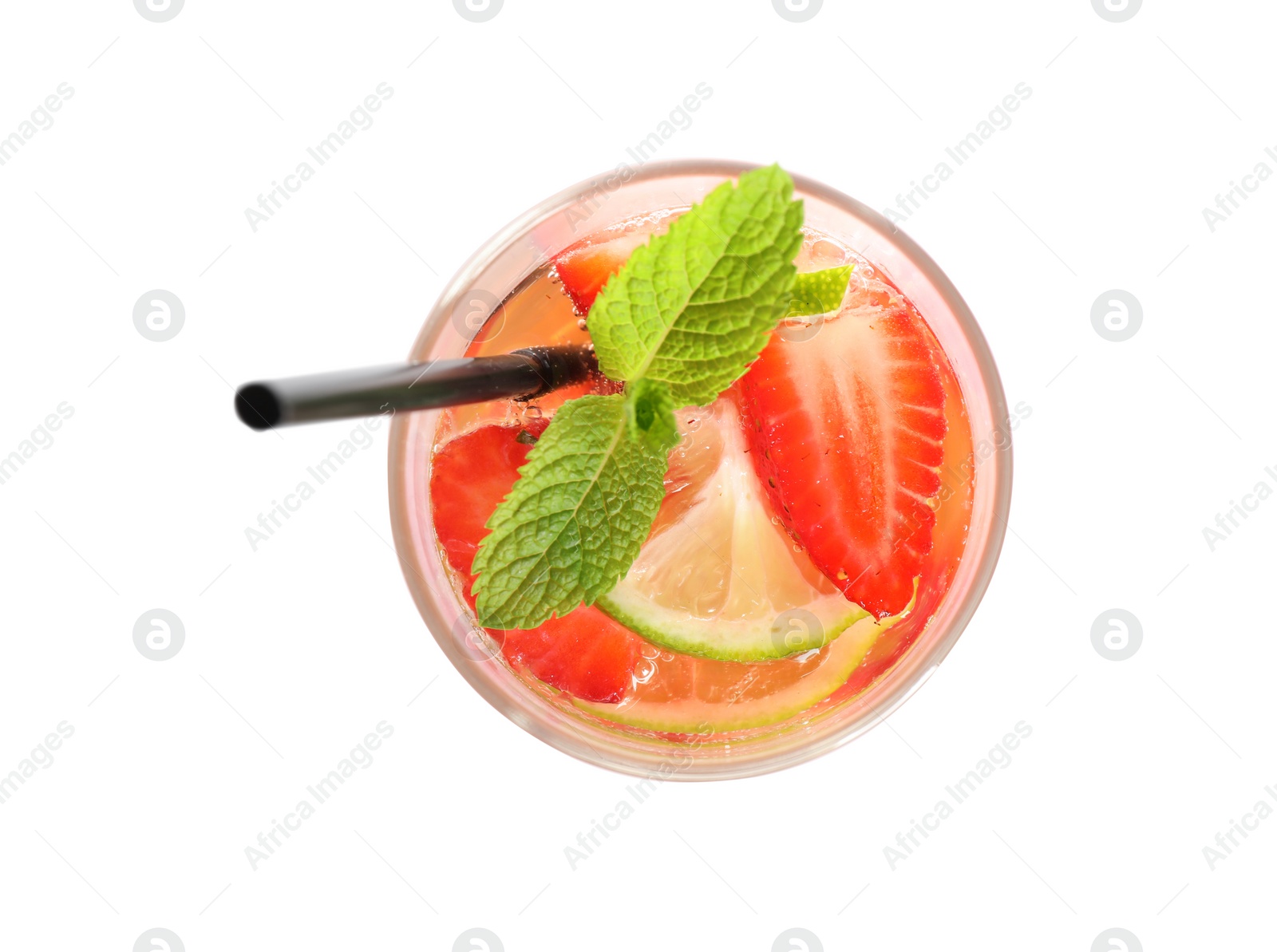 Photo of Tasty refreshing drink with strawberries on white background, top view