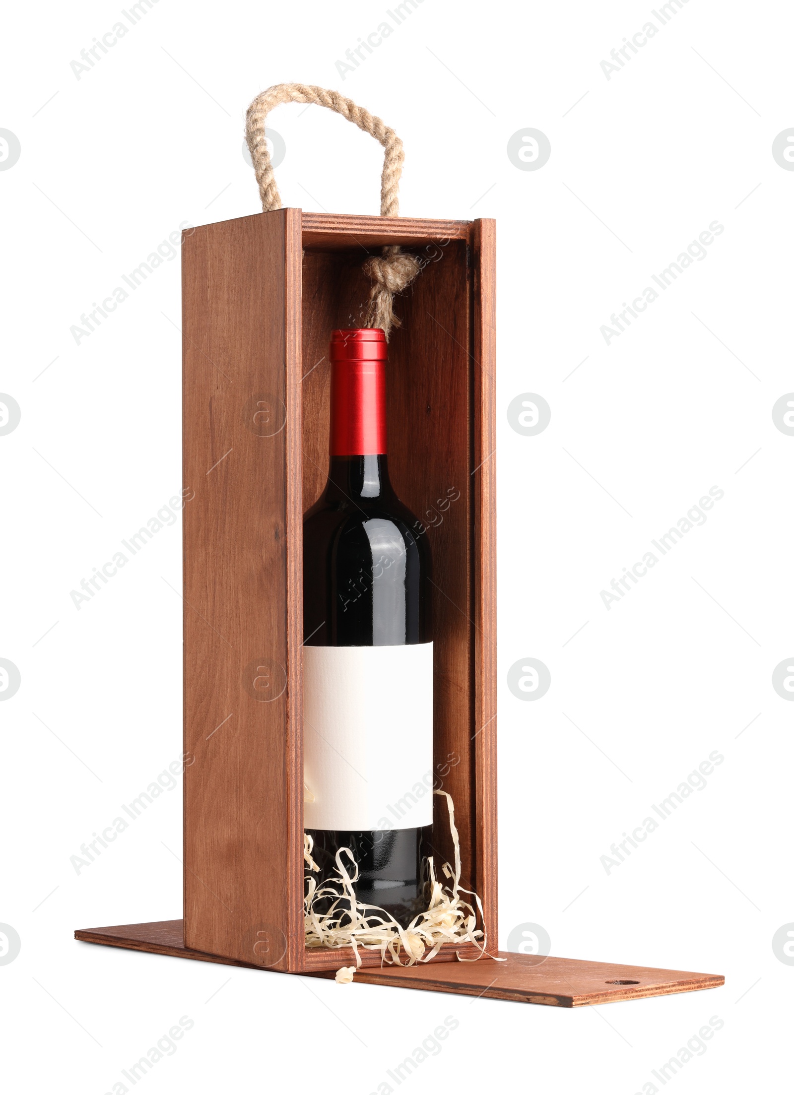 Photo of Wooden gift box with wine isolated on white