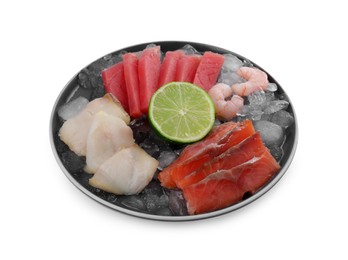 Sashimi set (raw slices of tuna, oily fish, salmon and shrimps) served with lime and ice cubes isolated on white
