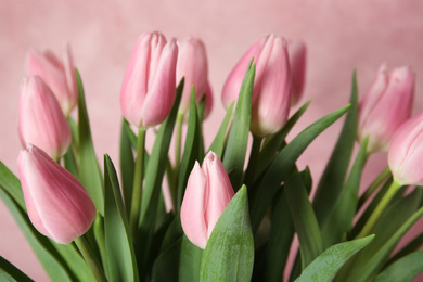 Photo of Bouquet of beautiful spring tulips on light pink background, closeup