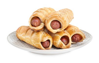 Photo of Plate with delicious sausage rolls isolated on white