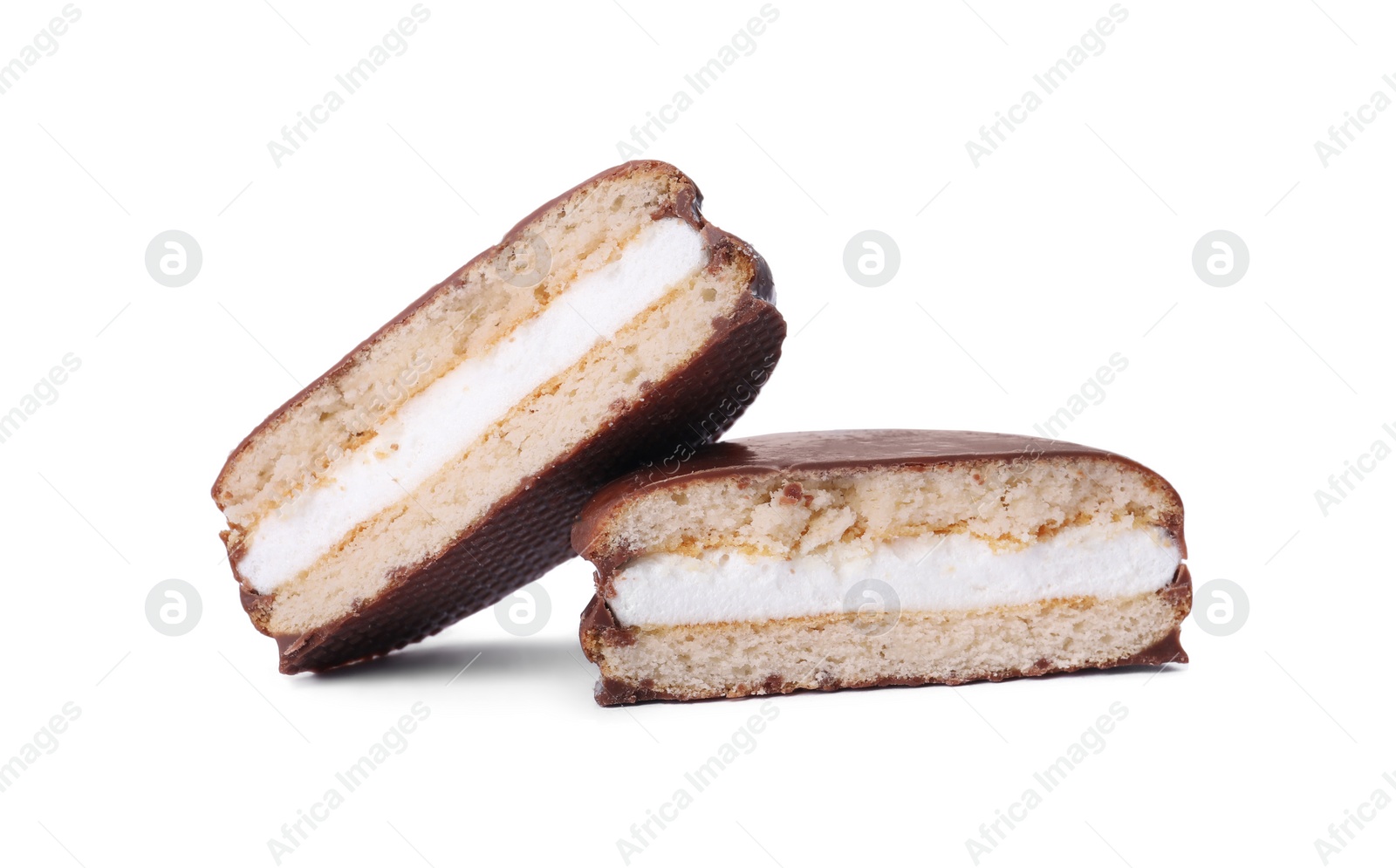 Photo of Halves of delicious choco pie isolated on white