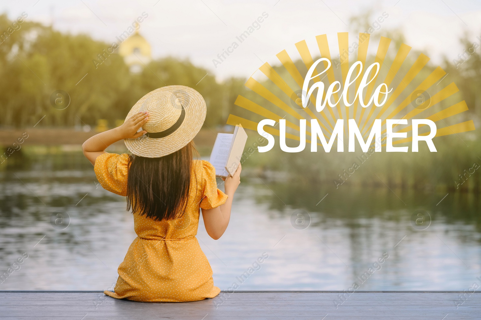 Image of Hello Summer. Woman reading book on pier near lake, back view