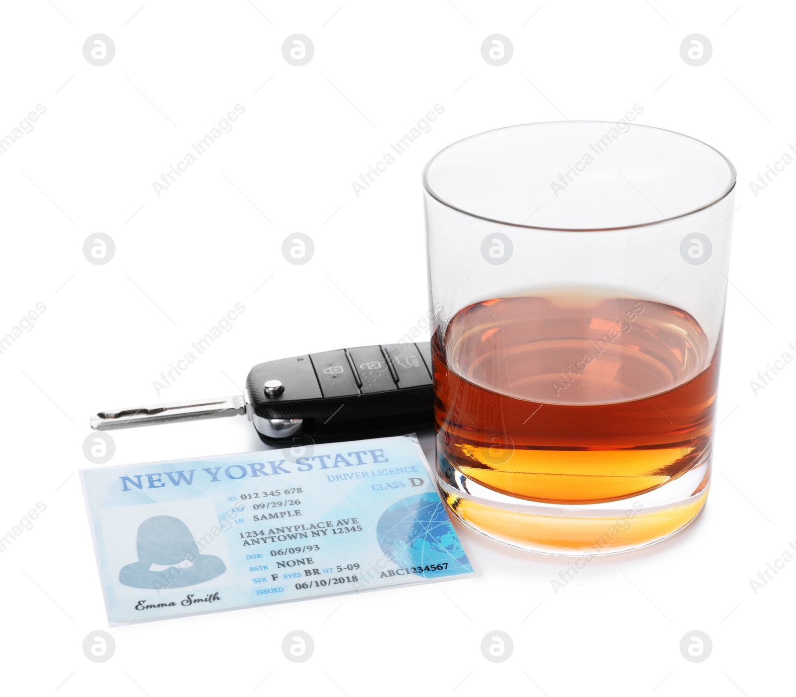 Photo of Glass of alcohol, car key and driver license on white background. Responsible driving concept