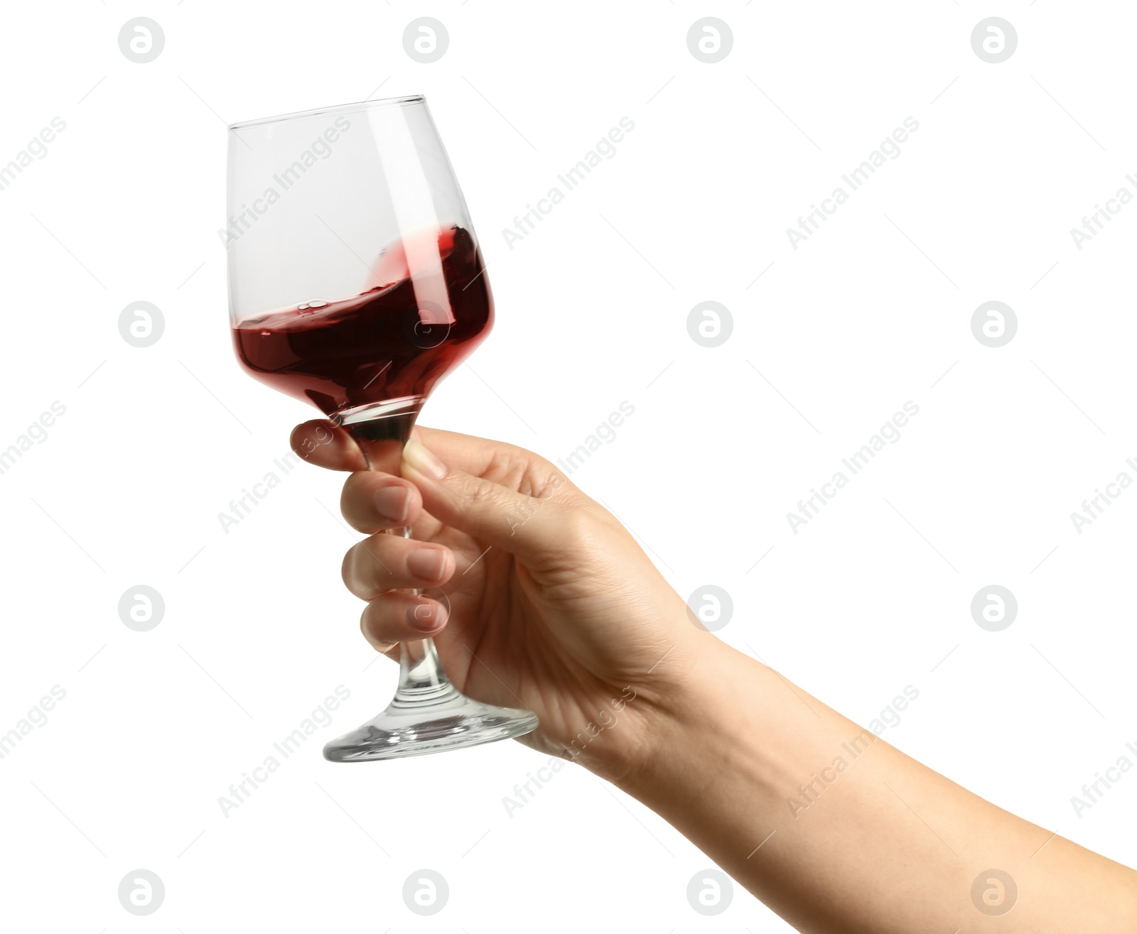 Photo of Woman with glass of wine isolated on white, closeup