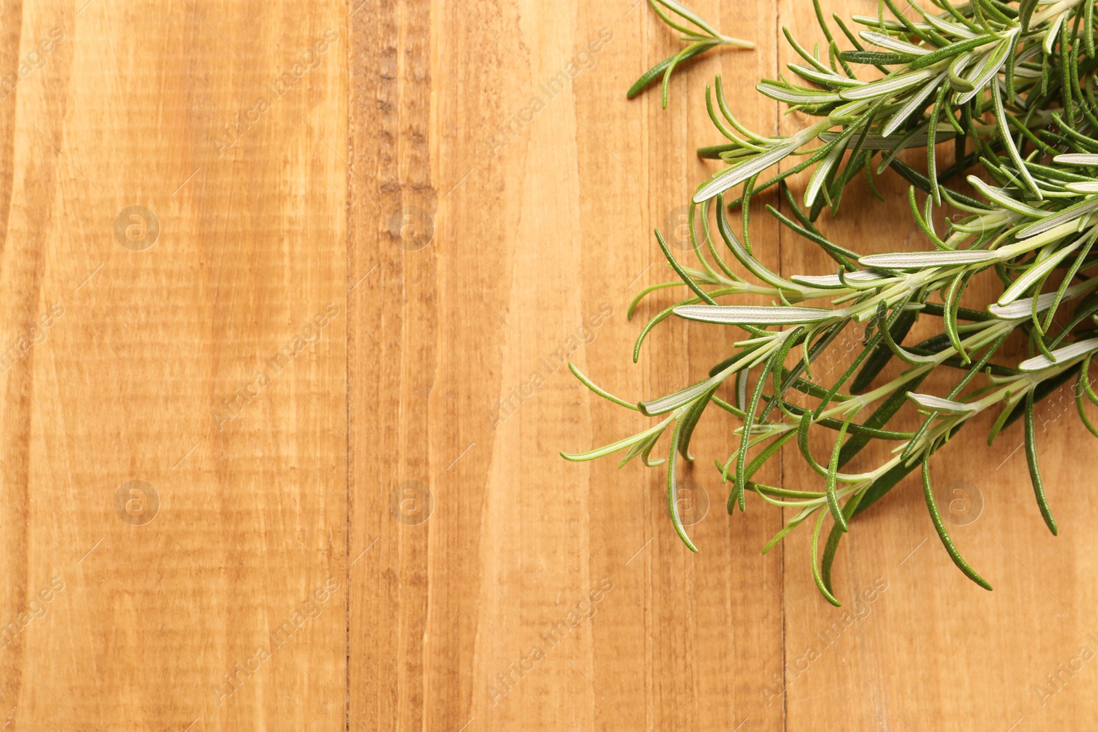 Photo of Sprigs of fresh rosemary on wooden table, top view. Space for text