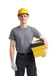 Professional repairman with tool box on white background