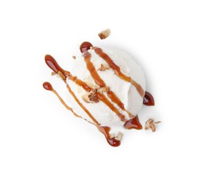 Photo of Scoop of ice cream with caramel sauce and nuts isolated on white, top view