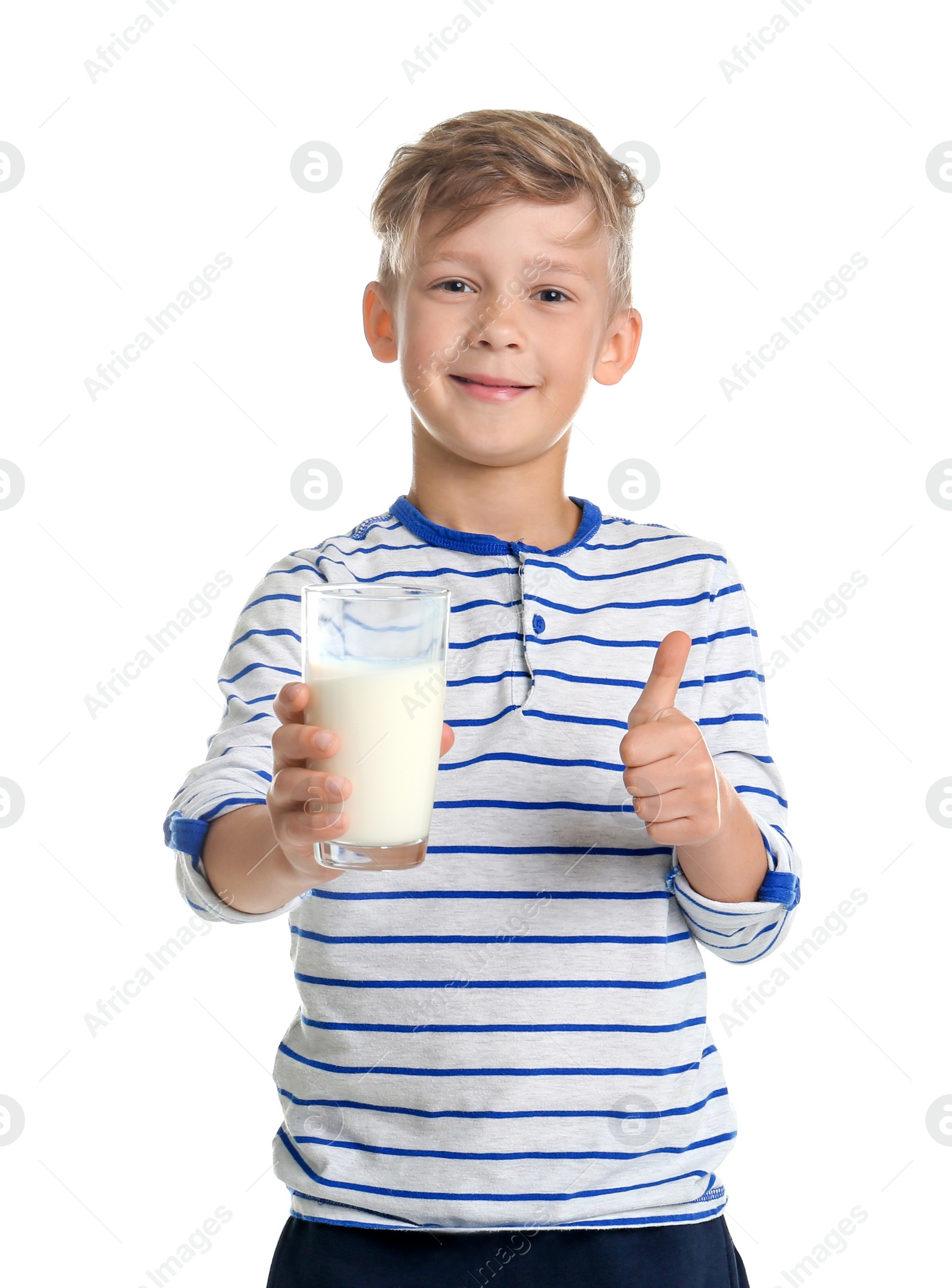 Photo of Adorable little boy with glass of milk on white background