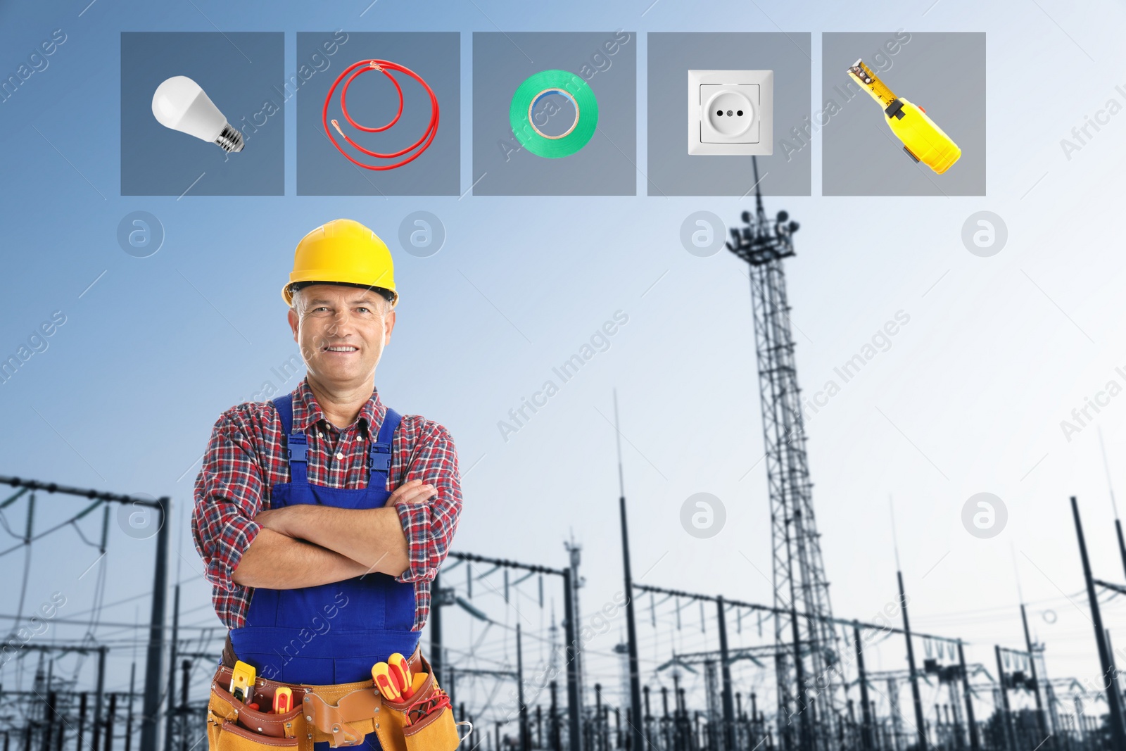 Image of Mature electrician and set of tools against substation