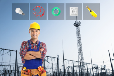 Image of Mature electrician and set of tools against substation