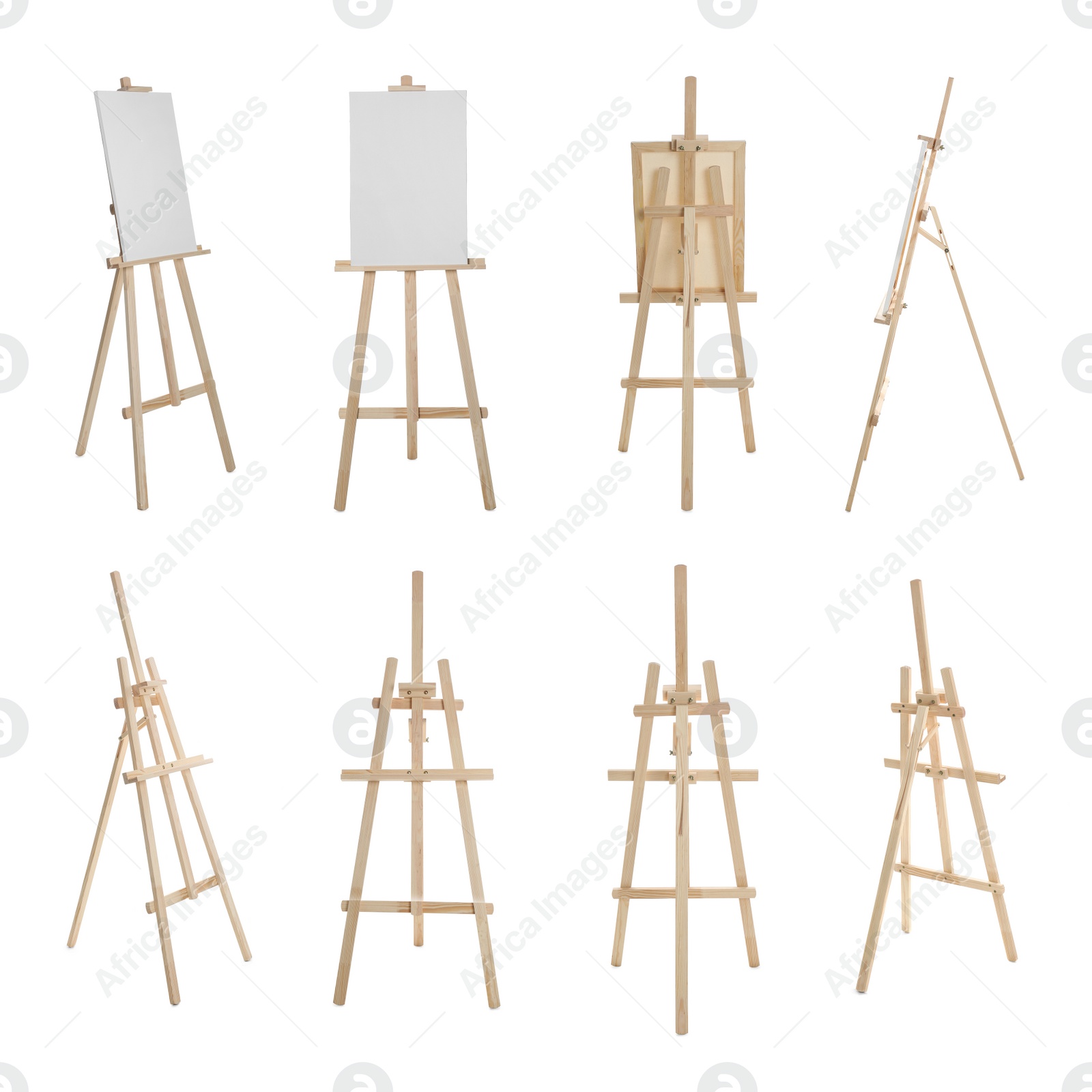 Image of Set with wooden easels on white background 