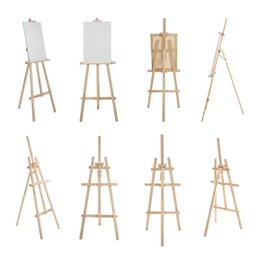 Image of Set with wooden easels on white background 