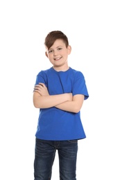 Photo of Portrait of little boy on white background