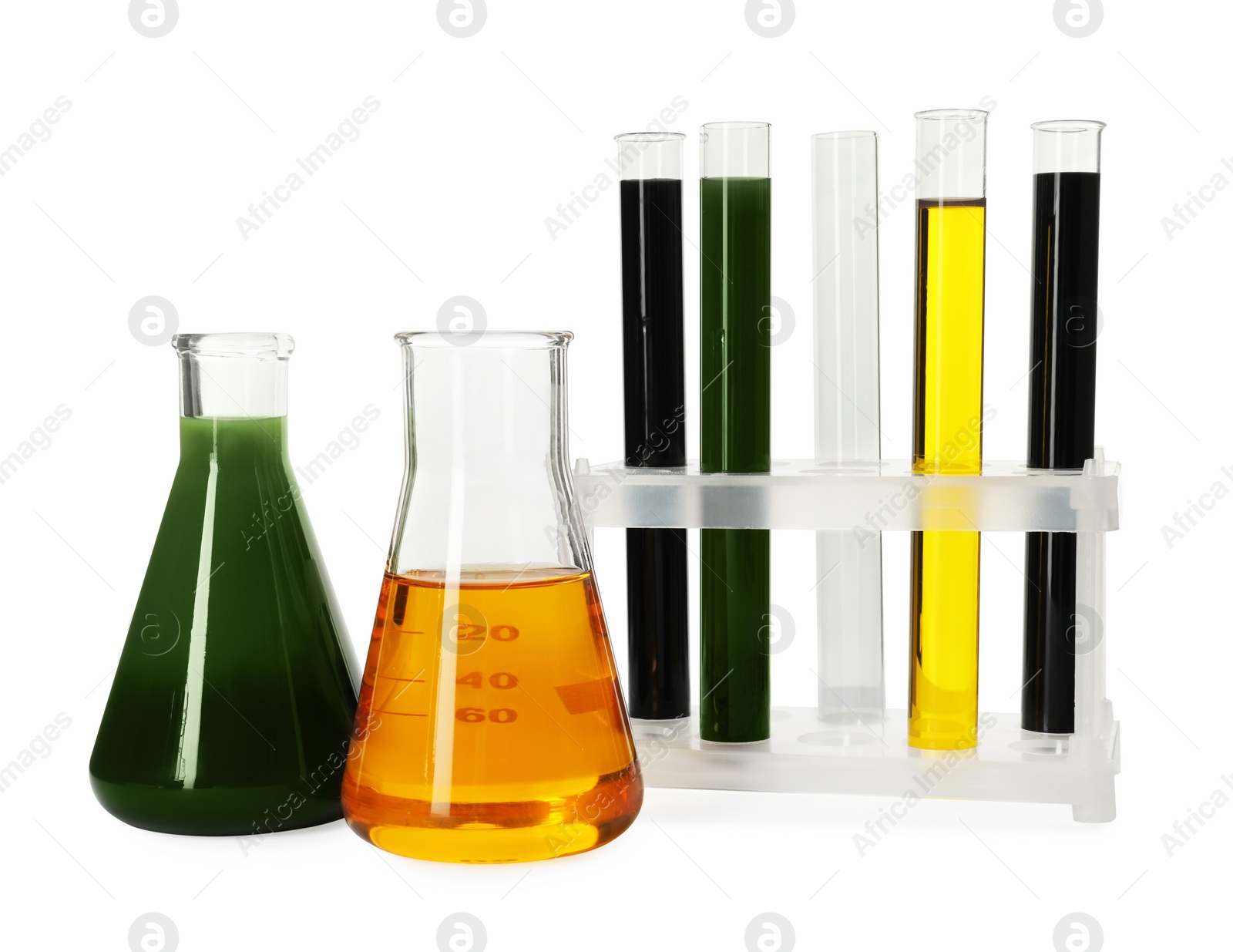 Photo of Test tubes and flasks with different types of oil isolated on white