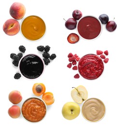 Image of Set with different tasty fruit puree on white background, top view