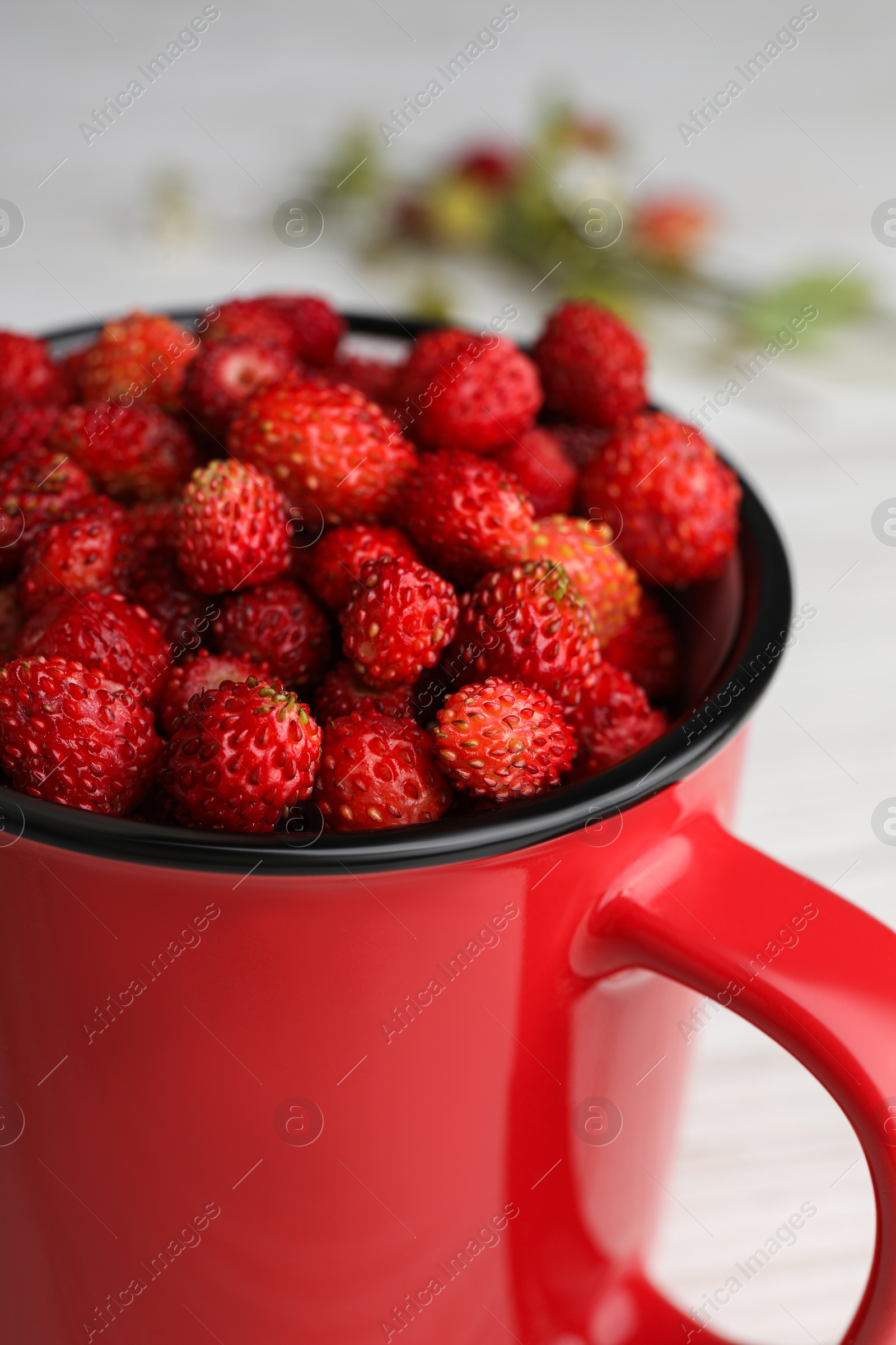 Photo of Fresh wild strawberries in mug on white table, closeup