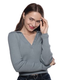 Photo of Embarrassed young woman covering face with hand on white background