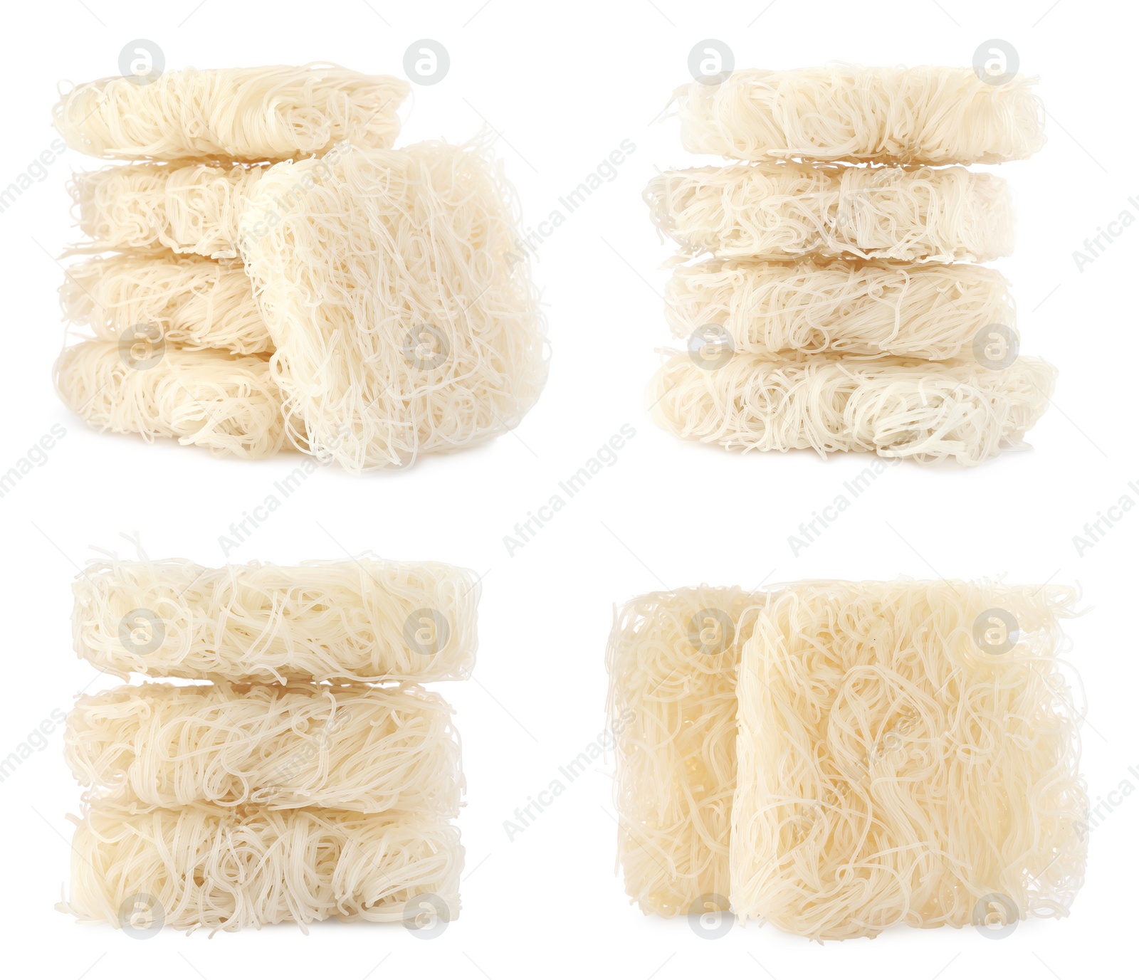 Image of Set with dried rice noodles on white background