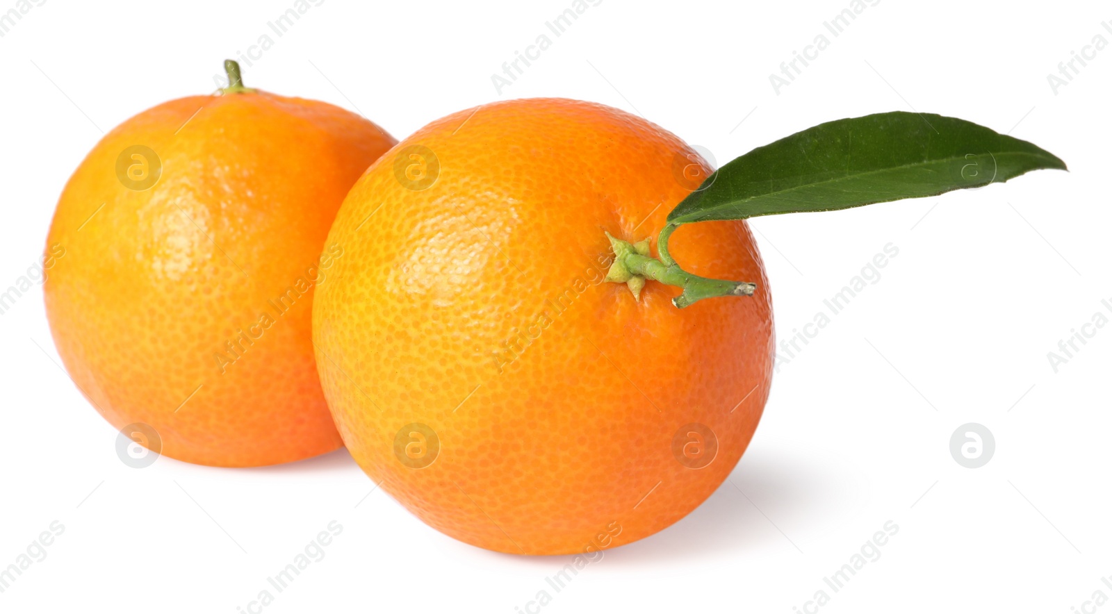 Photo of Fresh ripe juicy tangerines with green leaf isolated on white