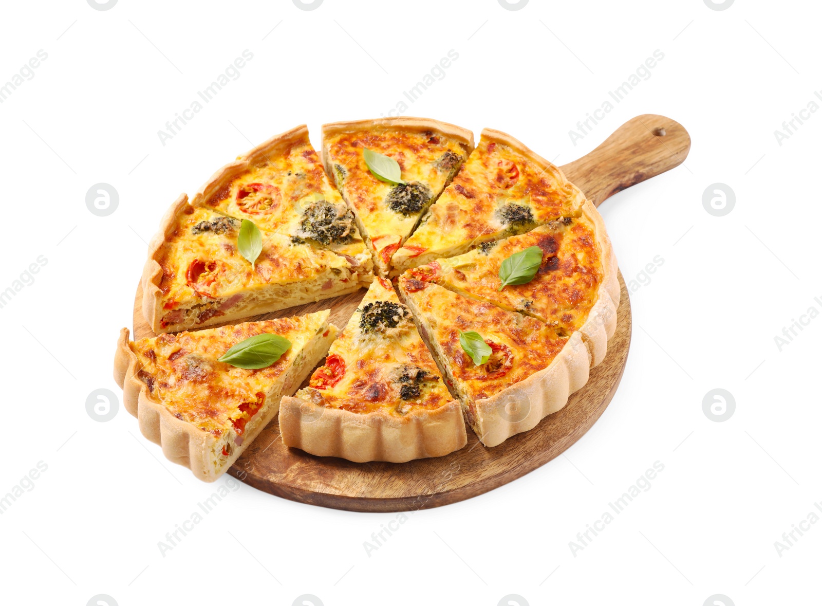 Photo of Delicious homemade vegetable quiche isolated on white