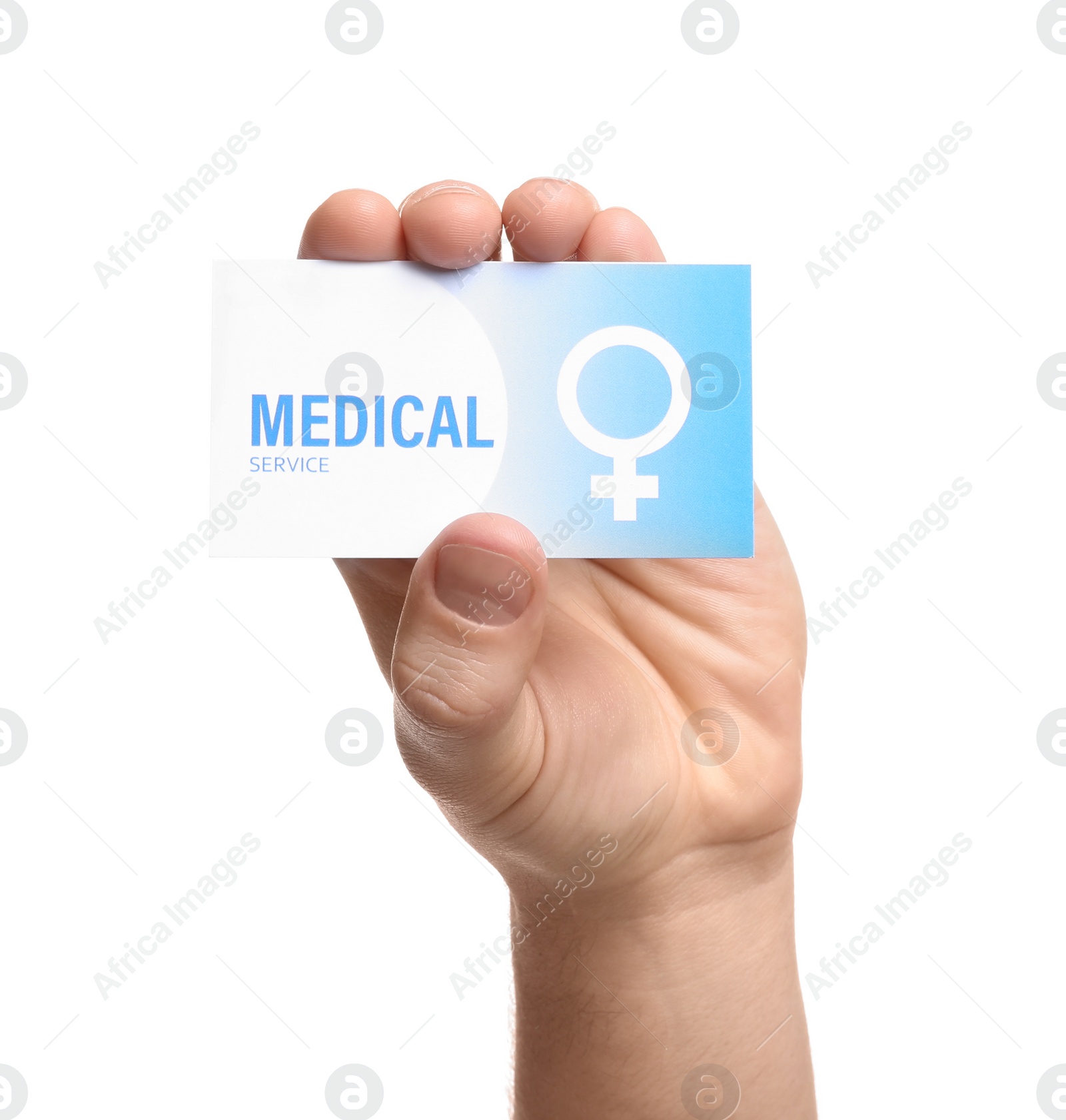 Photo of Man holding medical business card isolated on white, closeup. Women's health service