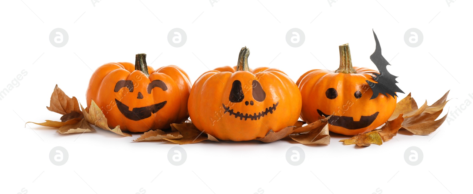 Photo of Cute Halloween pumpkins and autumn leaves on white background