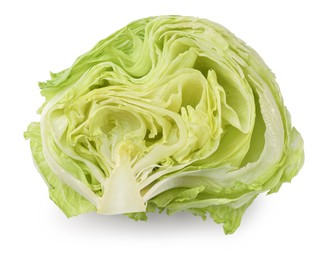Photo of Half of fresh green iceberg lettuce isolated on white, top view