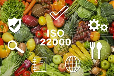 Image of ISO 22000 - Food safety management. Assortment of organic fresh fruits and vegetables as background, top view