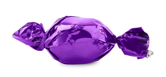 Photo of Candy in purple wrapper isolated on white