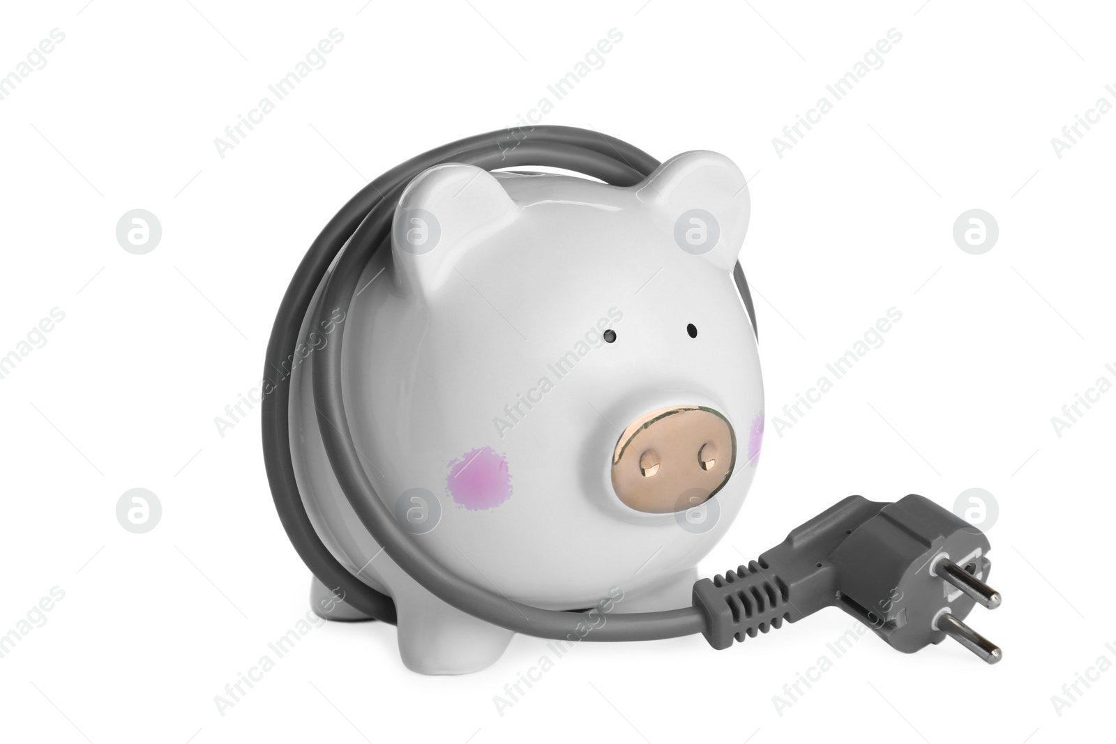 Photo of Piggy bank with power plug isolated on white. Energy saving concept