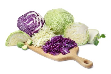 Different whole and cut types of cabbage on white background